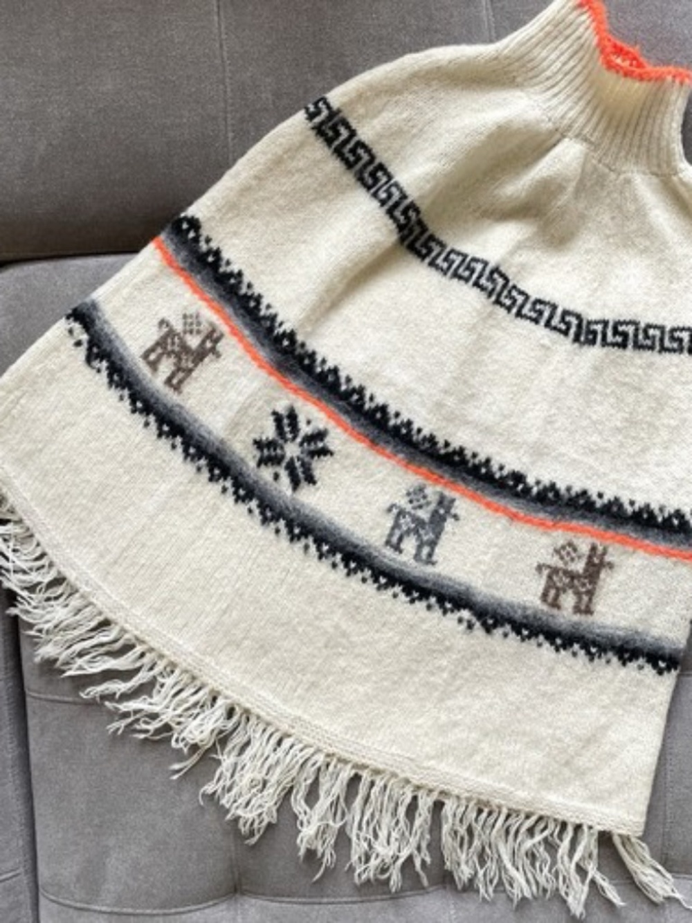 Antik Batik Poncho Alpaca Wool Pullover Peruvian Aztec Fringe Ivory Brown Orange